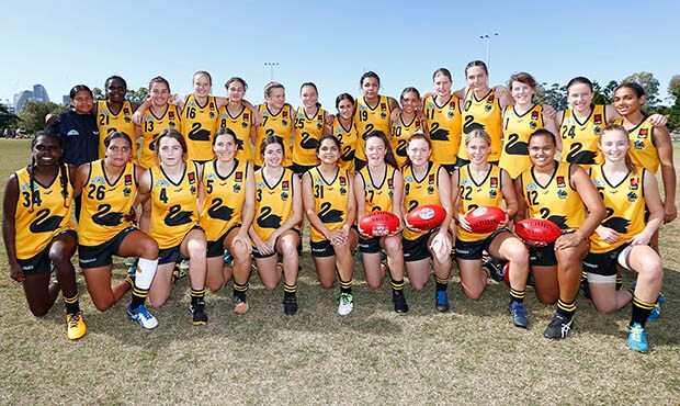 AFLW 2017 U18 Championships - Vic C v WA GOLD COAST, AUSTRALIA - JULY 14: WA team during the 2017 AFLW Under 18 Championships match between Vic Country and Western Australia at Broadbeach FC on July 14, 2017 in Gold Coast, Australia. (Photo by Jason O'Brien/AFL Media)